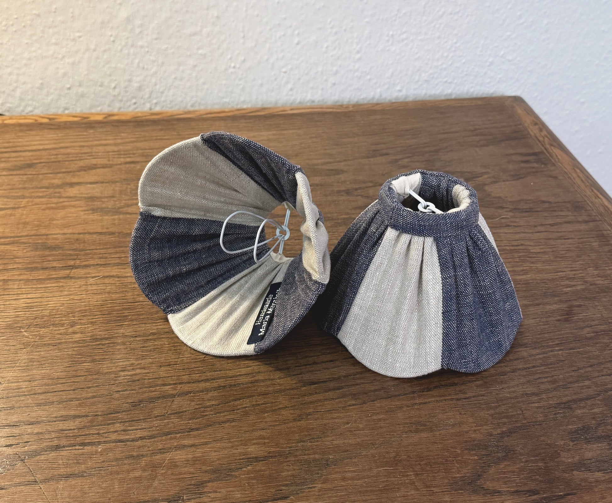 Pair of linen clip-on scalloped lampshades in indigo