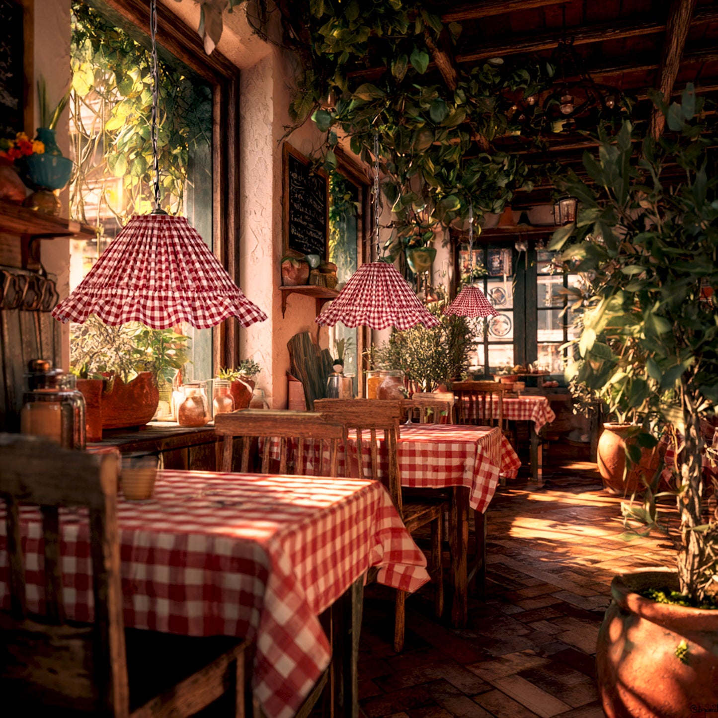 Rustic gingham lampshade with ruffles cottage core style hanging over wooden tables in a cozy, plant-filled dining area with matching red gingham tablecloths.