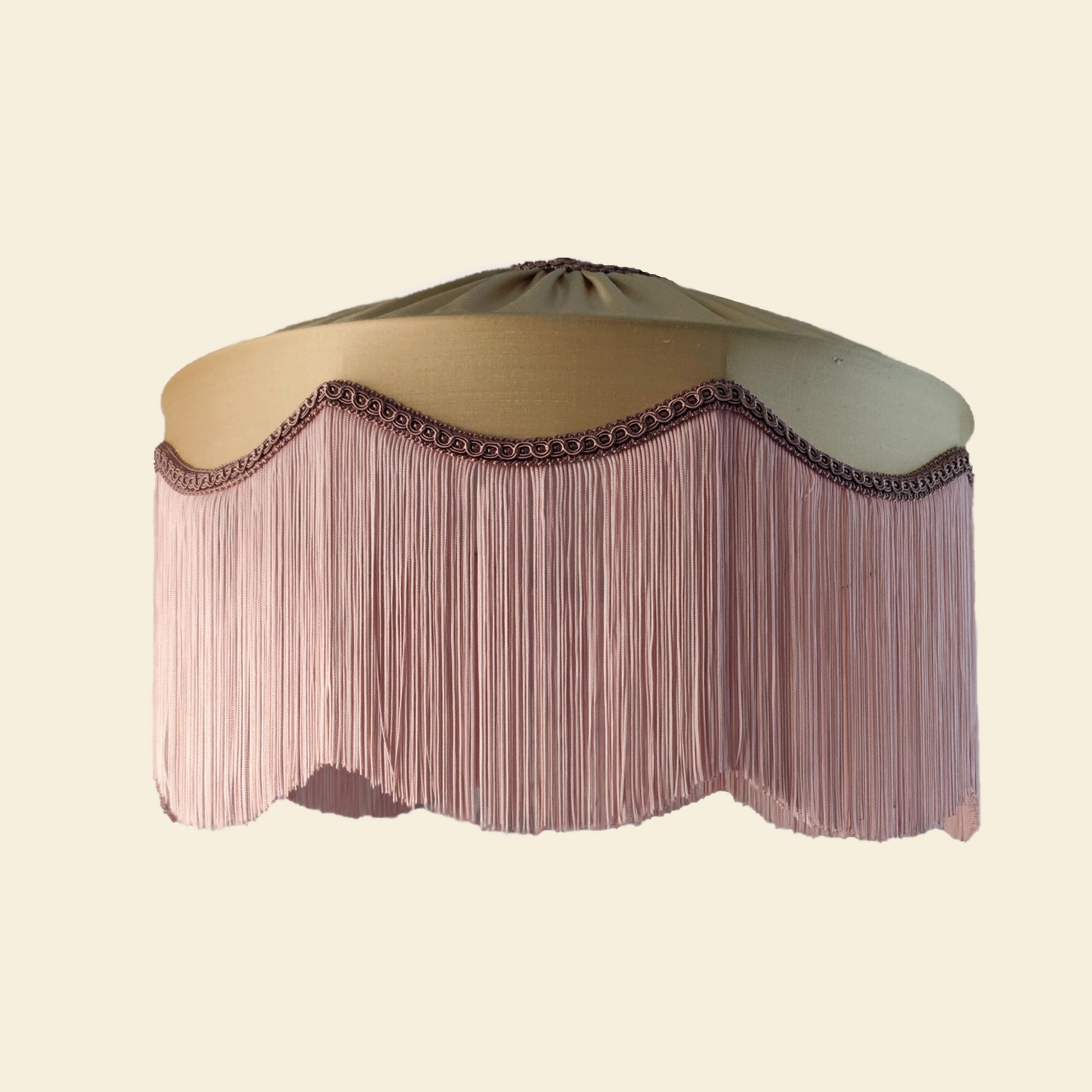 Gold silk fringed lampshade with blush fringe and decorative trim, ideal for Art Deco or vintage-inspired luxury lighting in elegant interiors.