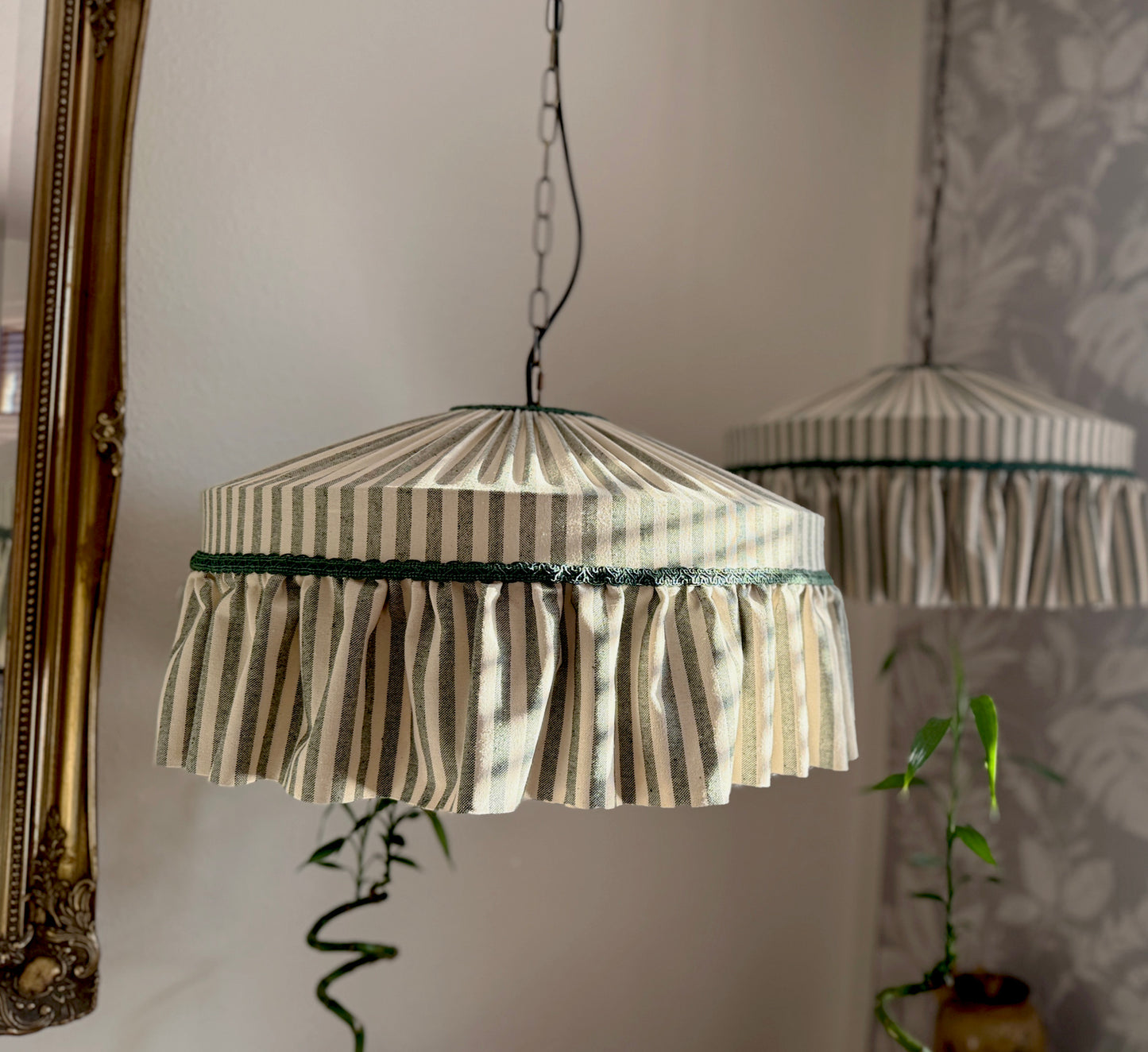 Ruffle Green Striped Cotton Lampshade with pleated top and frilled trim, ideal for cottagecore or romantic country home lighting décor.