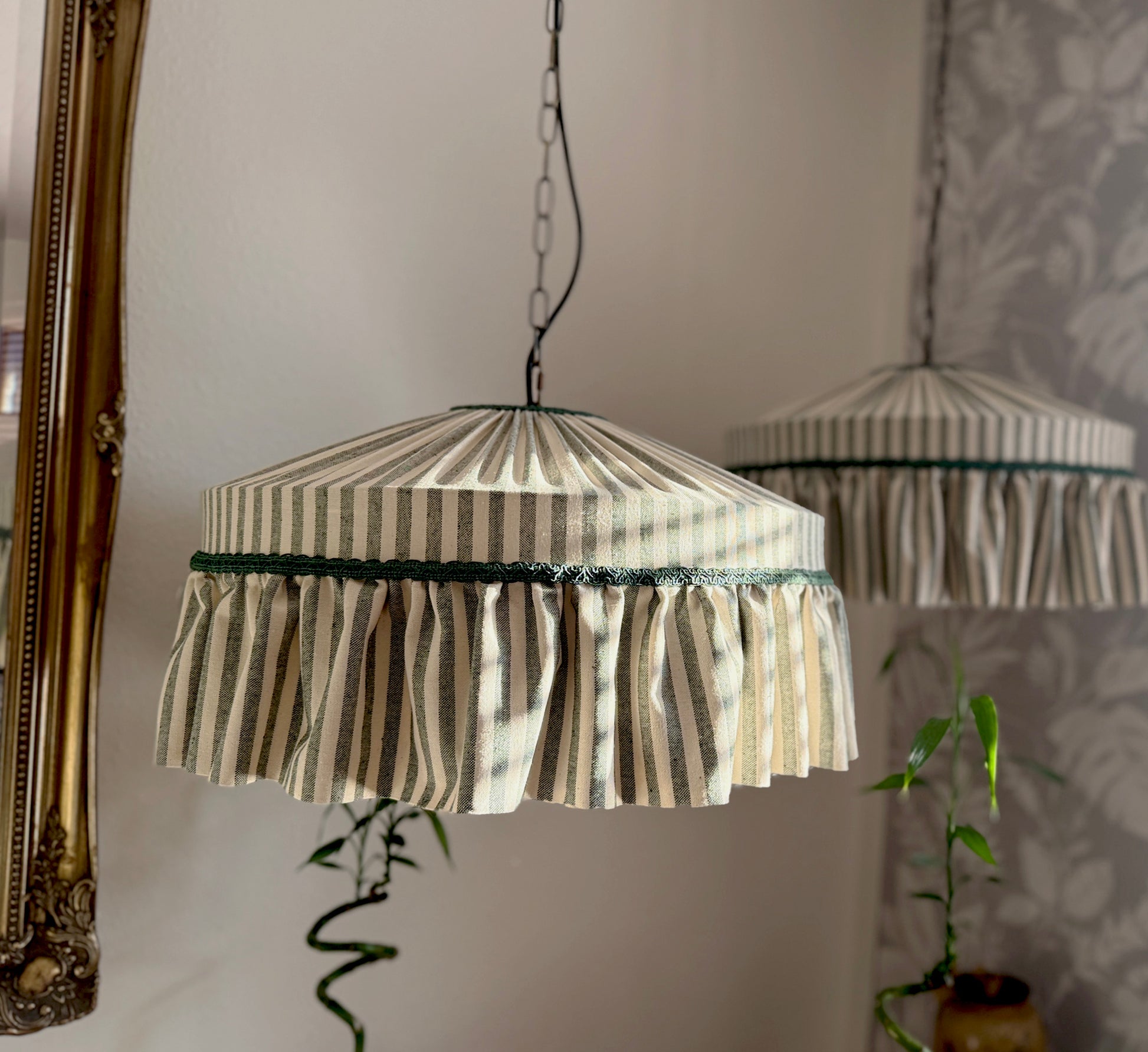 Ruffle Green Striped Cotton Lampshade with pleated top and frilled trim, ideal for cottagecore or romantic country home lighting décor.