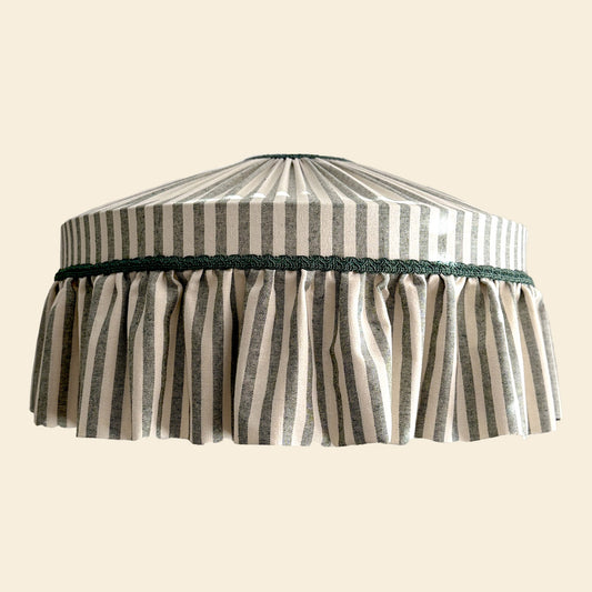 Ruffle green striped cotton lampshade with pleated top and gathered frill, ideal for cottagecore or romantic country home lighting décor.