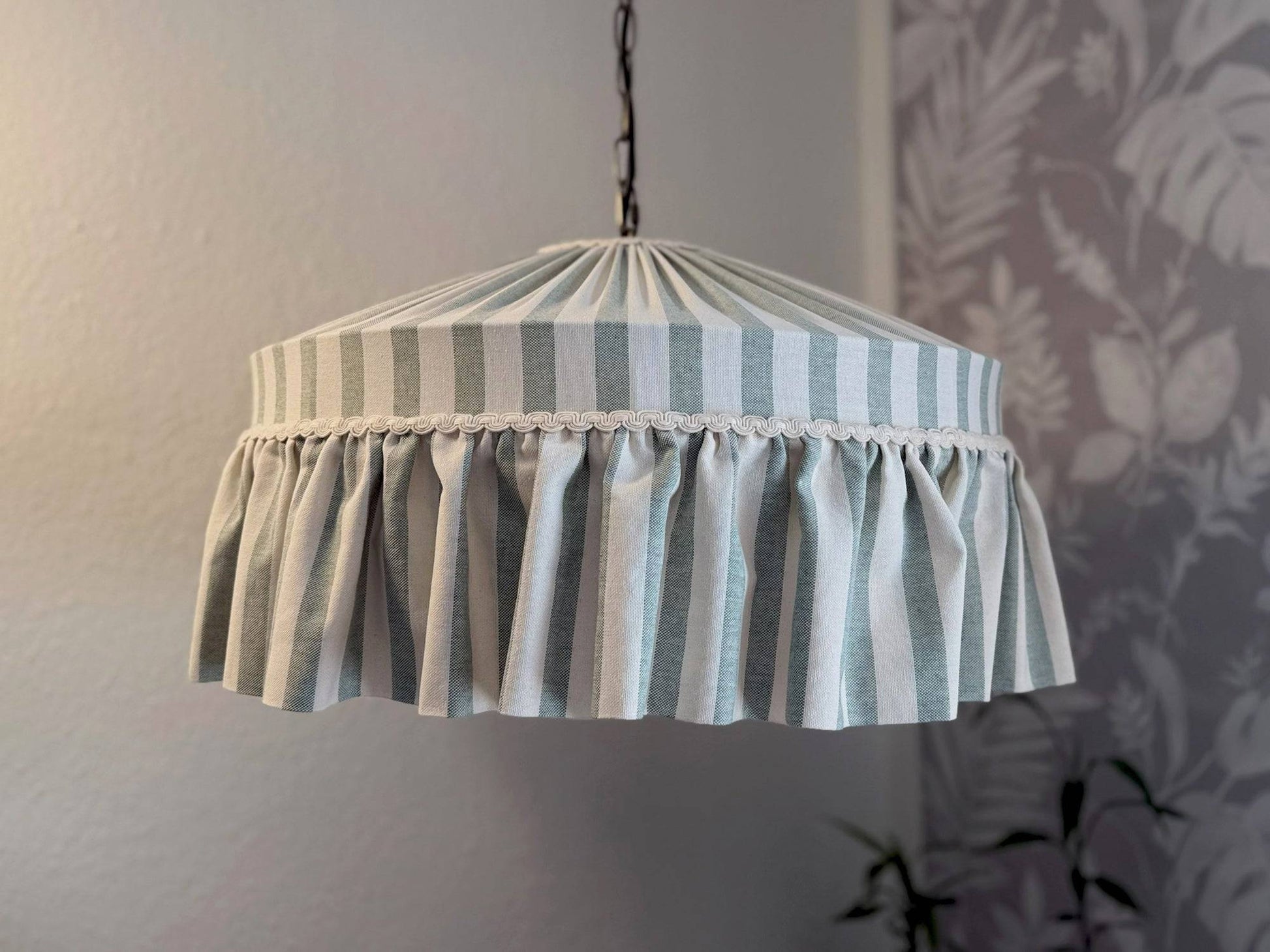 Ruffle Mint Green Wide Stripes Cotton Lampshade with pleated top and decorative trim, ideal for romantic or cottagecore interiors.