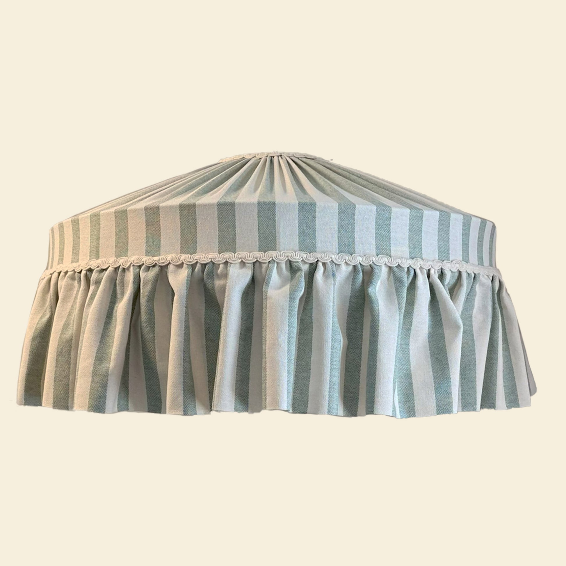 Ruffle Mint Green Wide Stripes Cotton Lampshade with gathered pleats and decorative trim, ideal for cottagecore or romantic home lighting décor.
