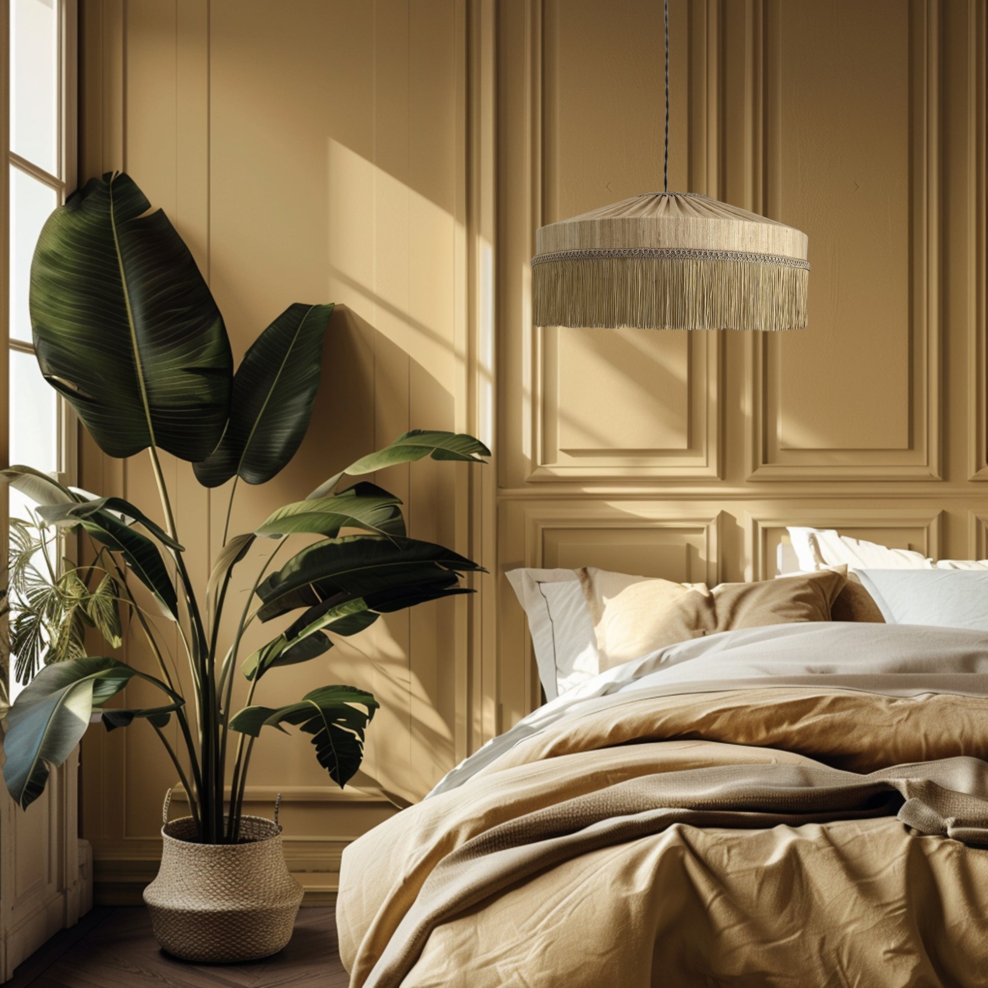 Cozy bedroom with a bed, plant, and decorative wall paneling.