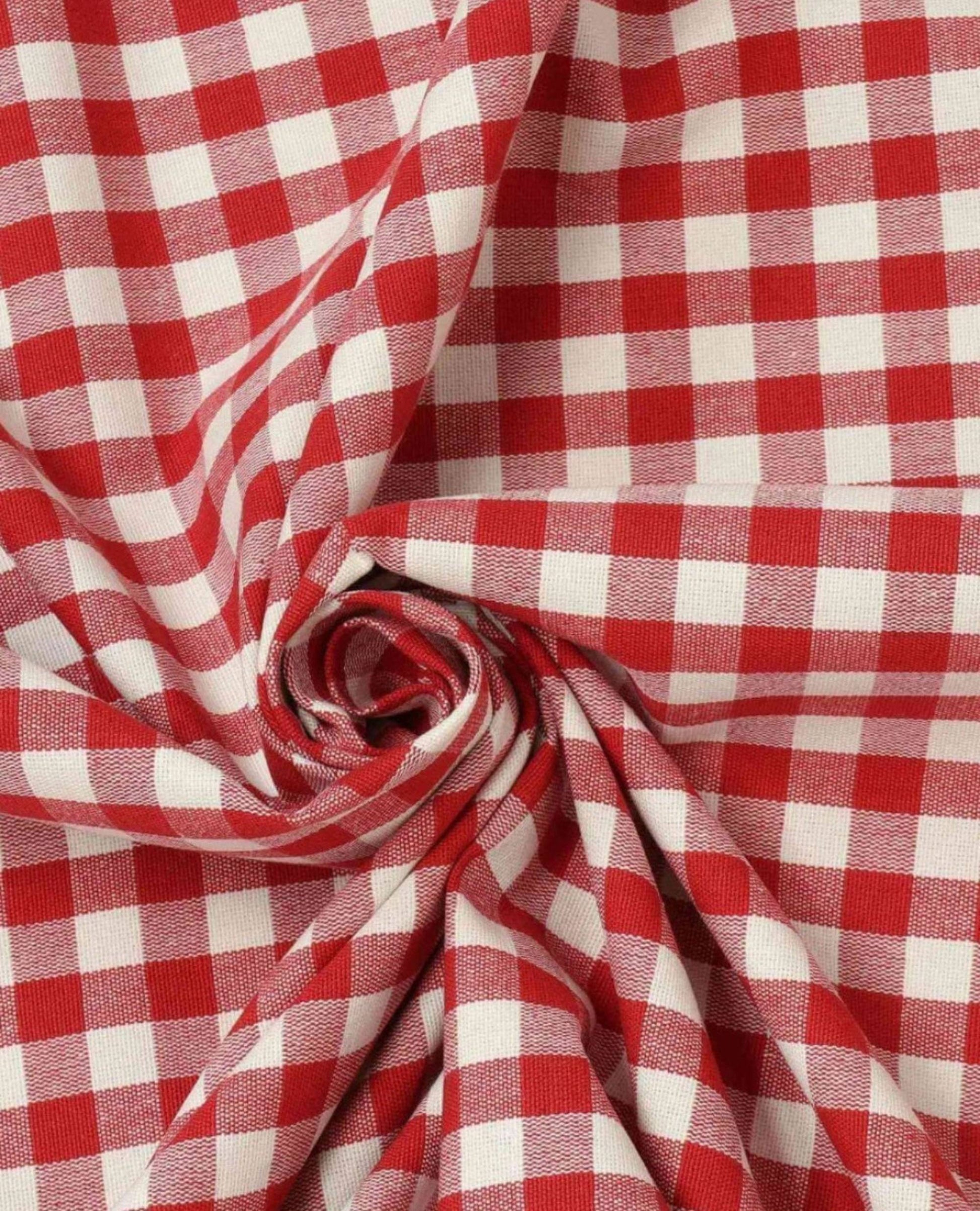Red and white gingham cotton fabric ideal for rustic gingham lampshade with ruffles cottage core style. Perfect for handmade home lighting decor.