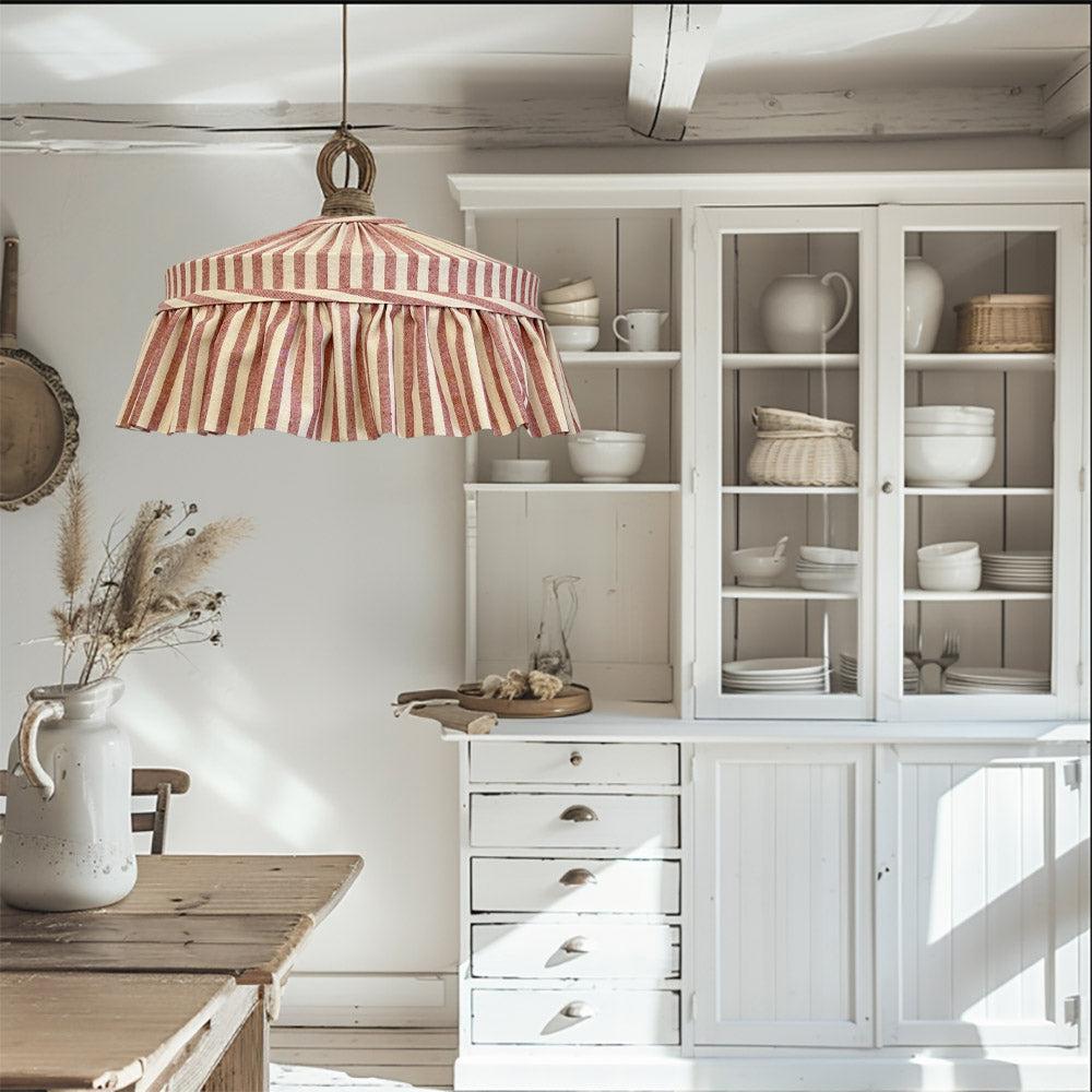 Ruffled cotton lampshade in rustic kitchen 