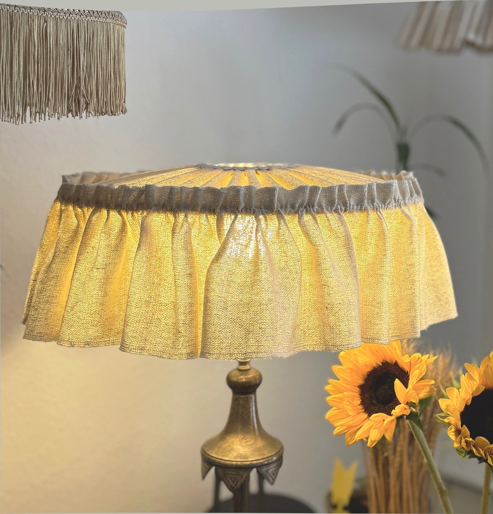 Large handmade ruffled lampshade in raw oatmeal silk with soft pleats