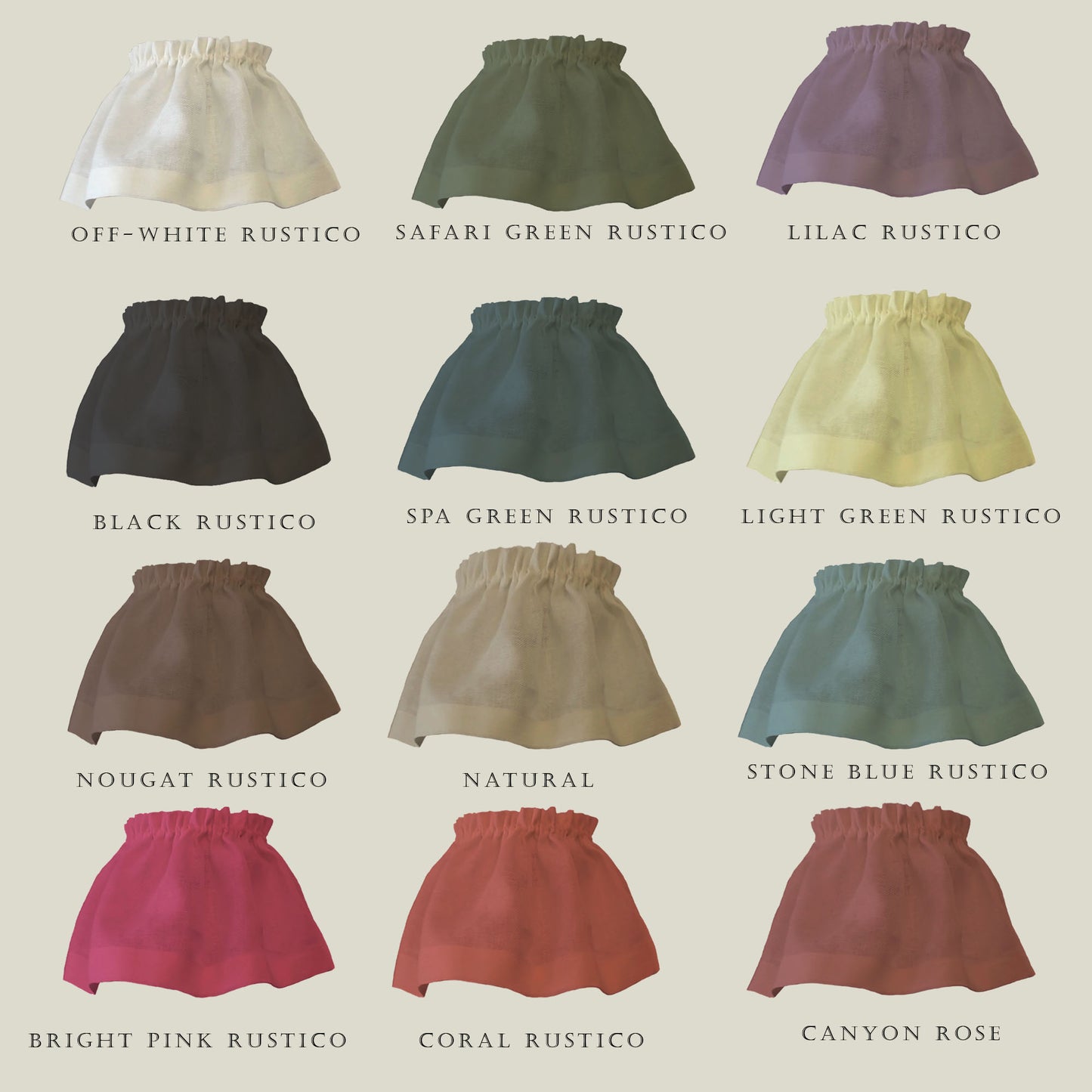 Color swatches of various skirts in different rustico color options on a beige background.