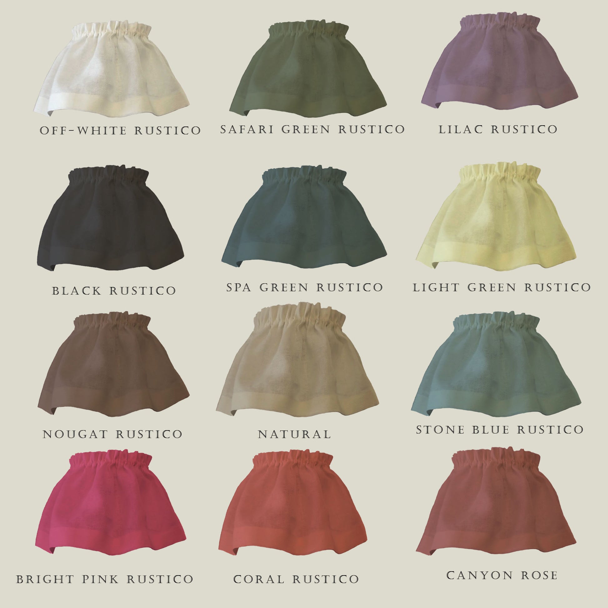 Color swatches of various skirts in different rustico color options on a beige background.