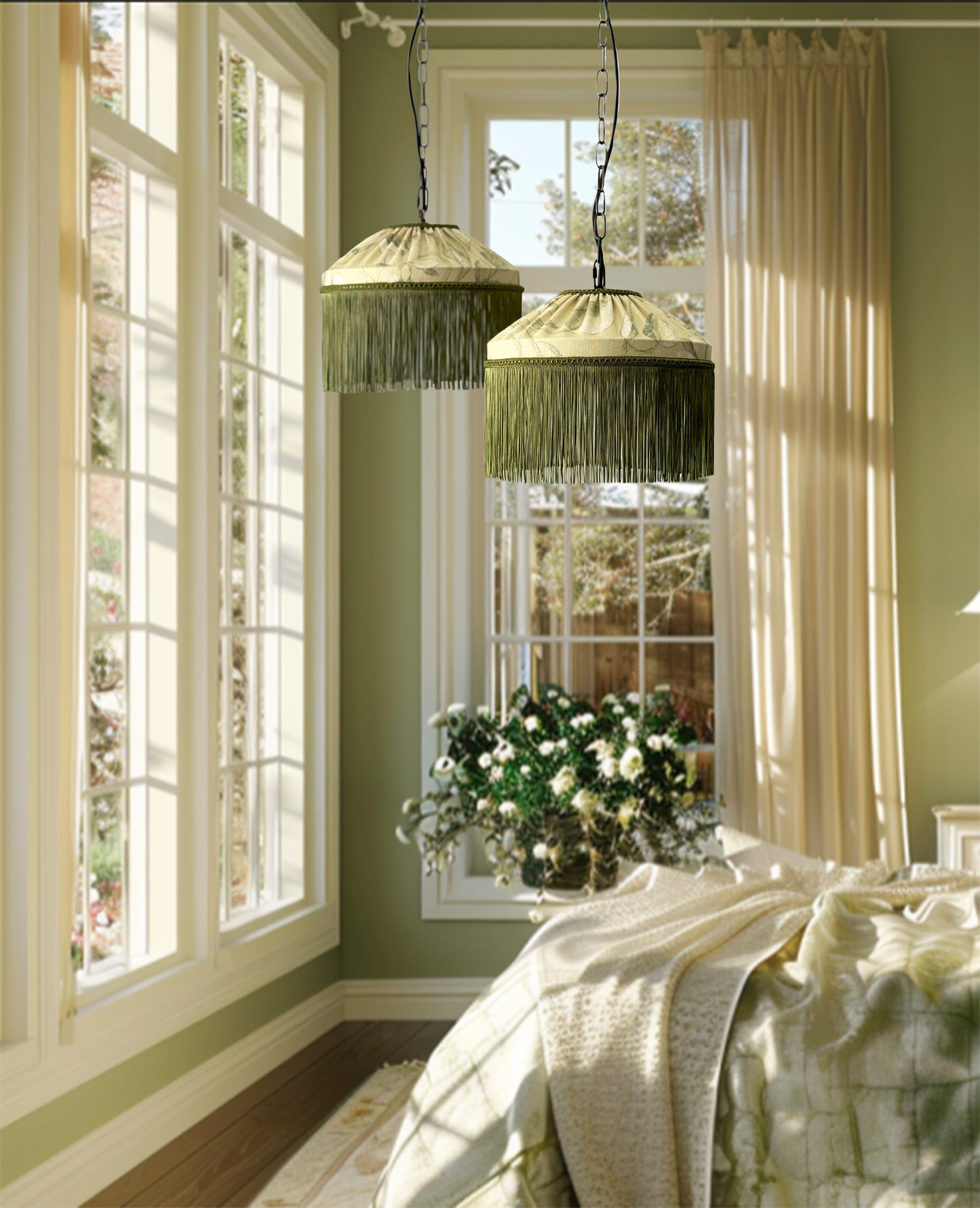 Decorative pendant linen lampshades in olive  hanging in a room 