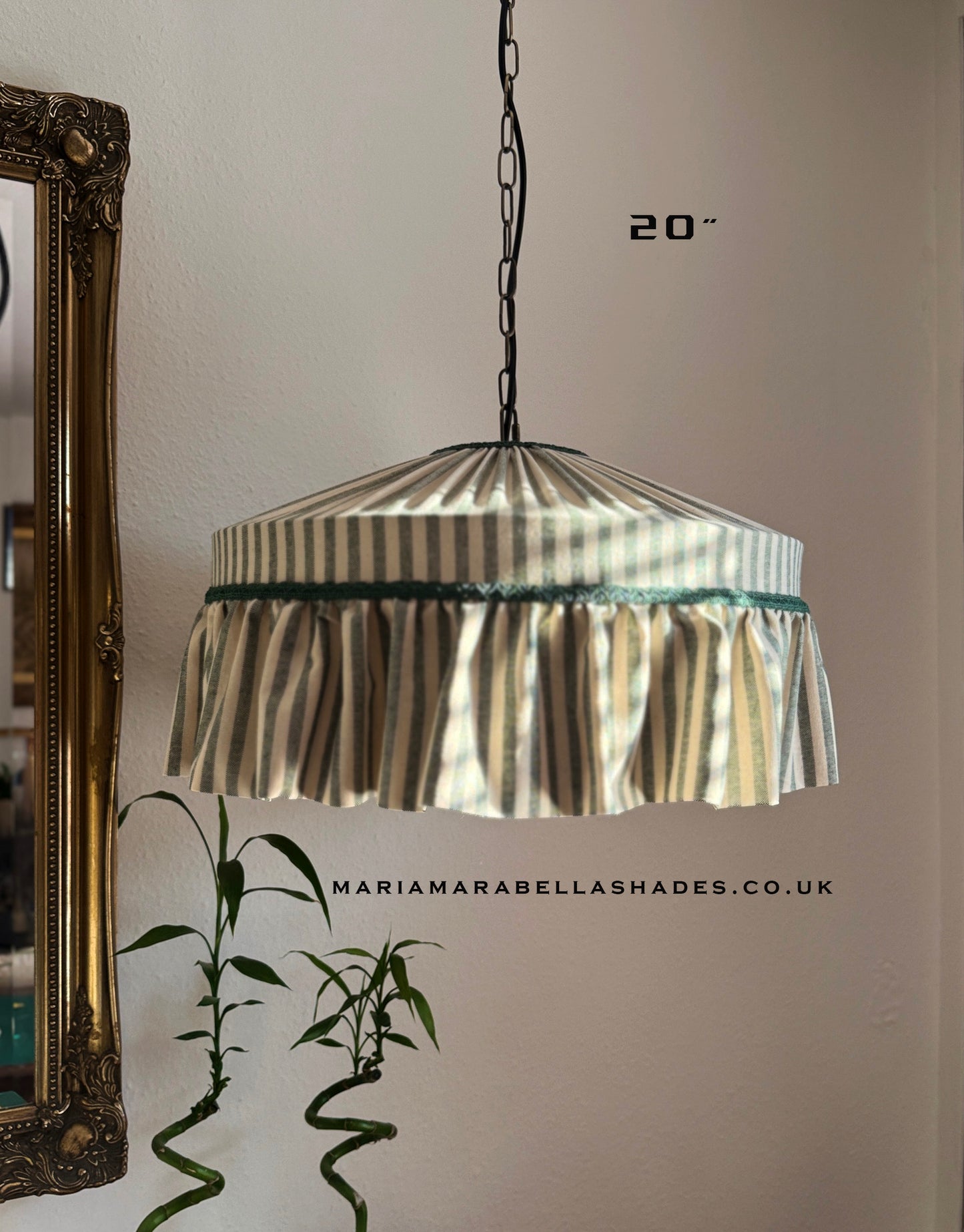 Ruffle Green Striped Cotton Lampshade with pleated frill design, hanging as a ceiling pendant. Ideal for cottagecore or romantic country interiors.