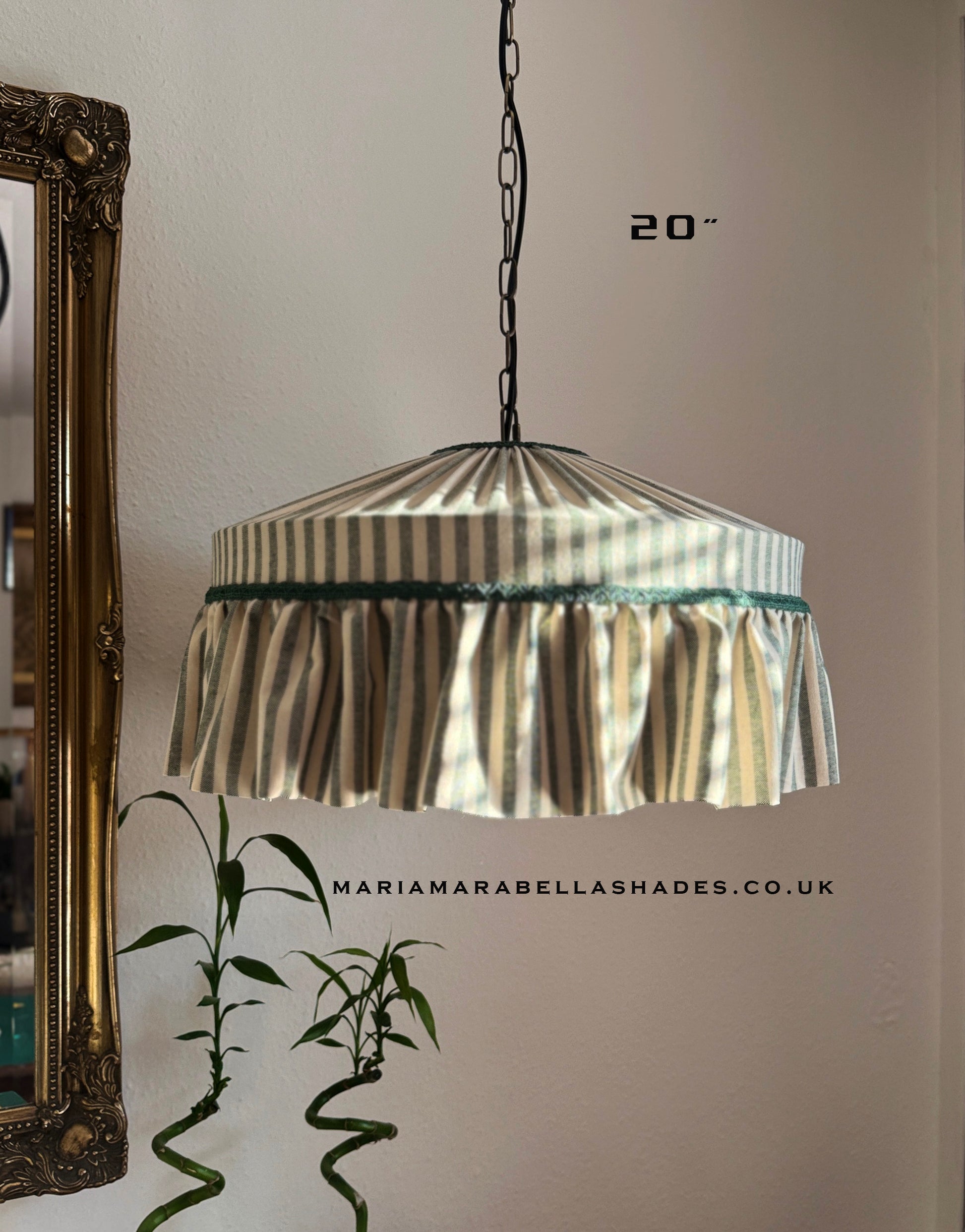 Ruffle Green Striped Cotton Lampshade with pleated frill design, hanging as a ceiling pendant. Ideal for cottagecore or romantic country interiors.