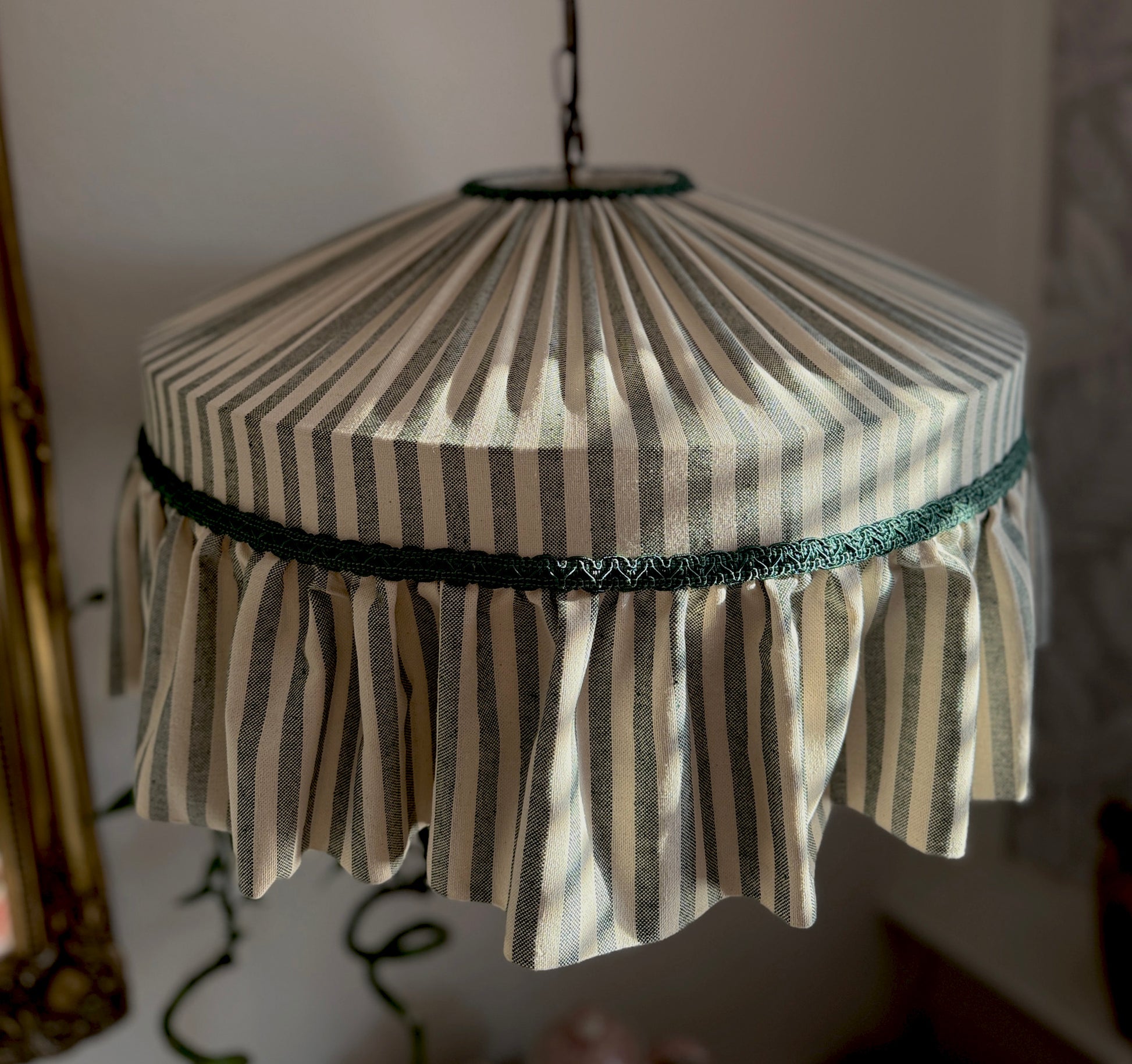 Ruffle Green Striped Cotton Lampshade with pleated top and frilled trim, ideal for romantic cottagecore or country-style interiors.