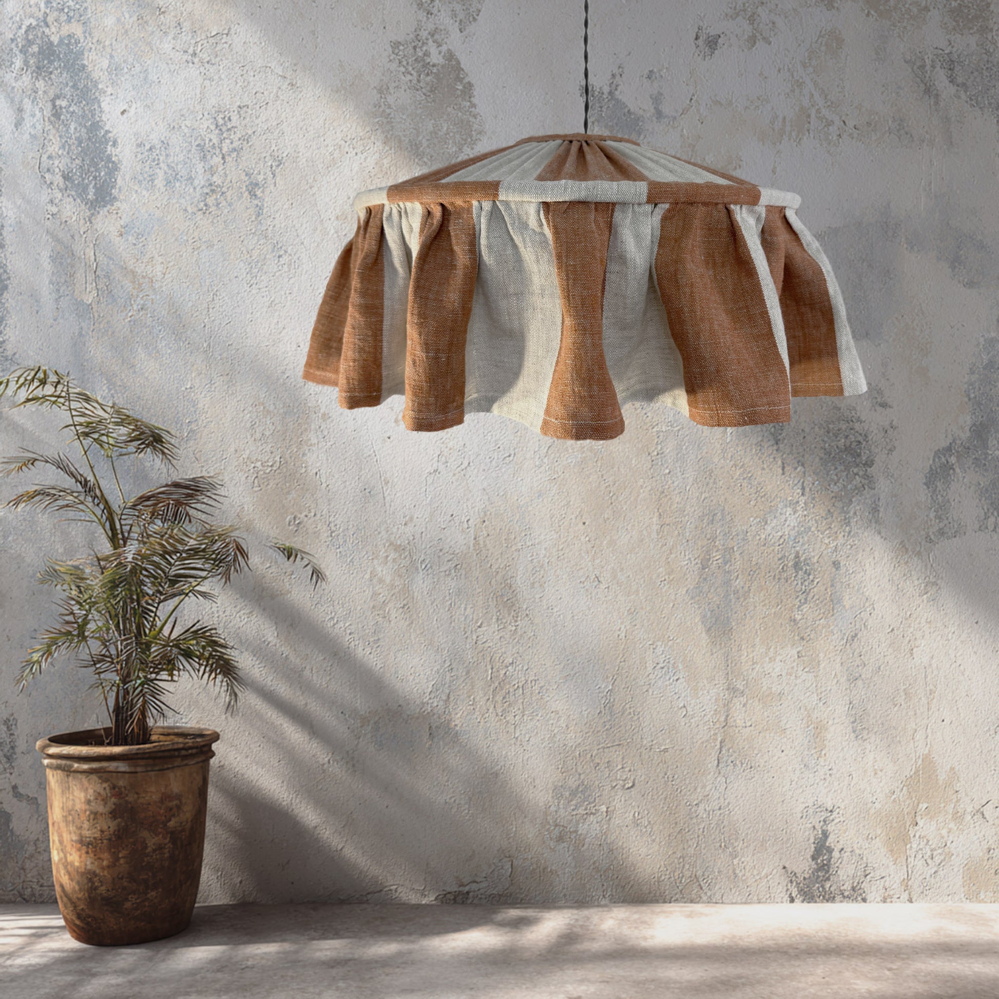 Terracotta and natural striped linen ruffled lampshade handmade by Maria Marabella Shades – rustic farmhouse style
