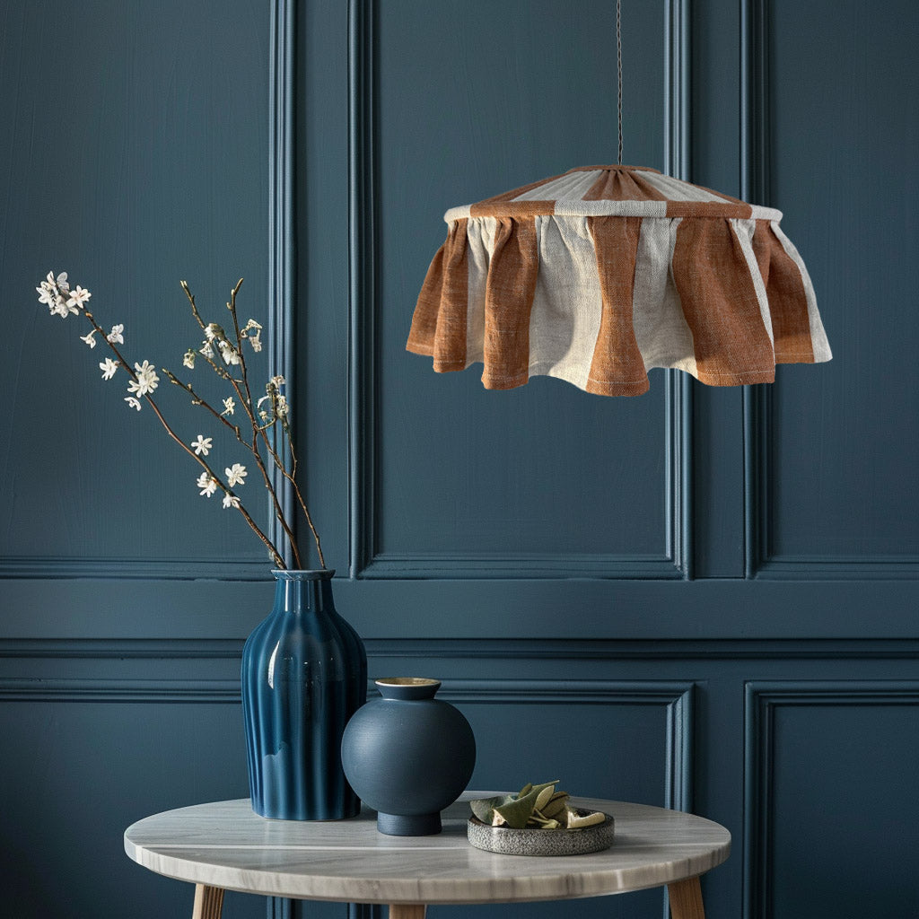 Terracotta and natural striped linen ruffled lampshade handmade by Maria Marabella Shades – rustic farmhouse style
