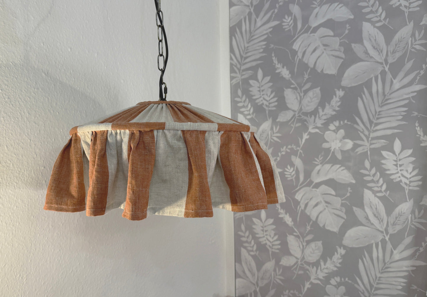 Terracotta and natural striped linen ruffled lampshade handmade by Maria Marabella Shades – rustic farmhouse style