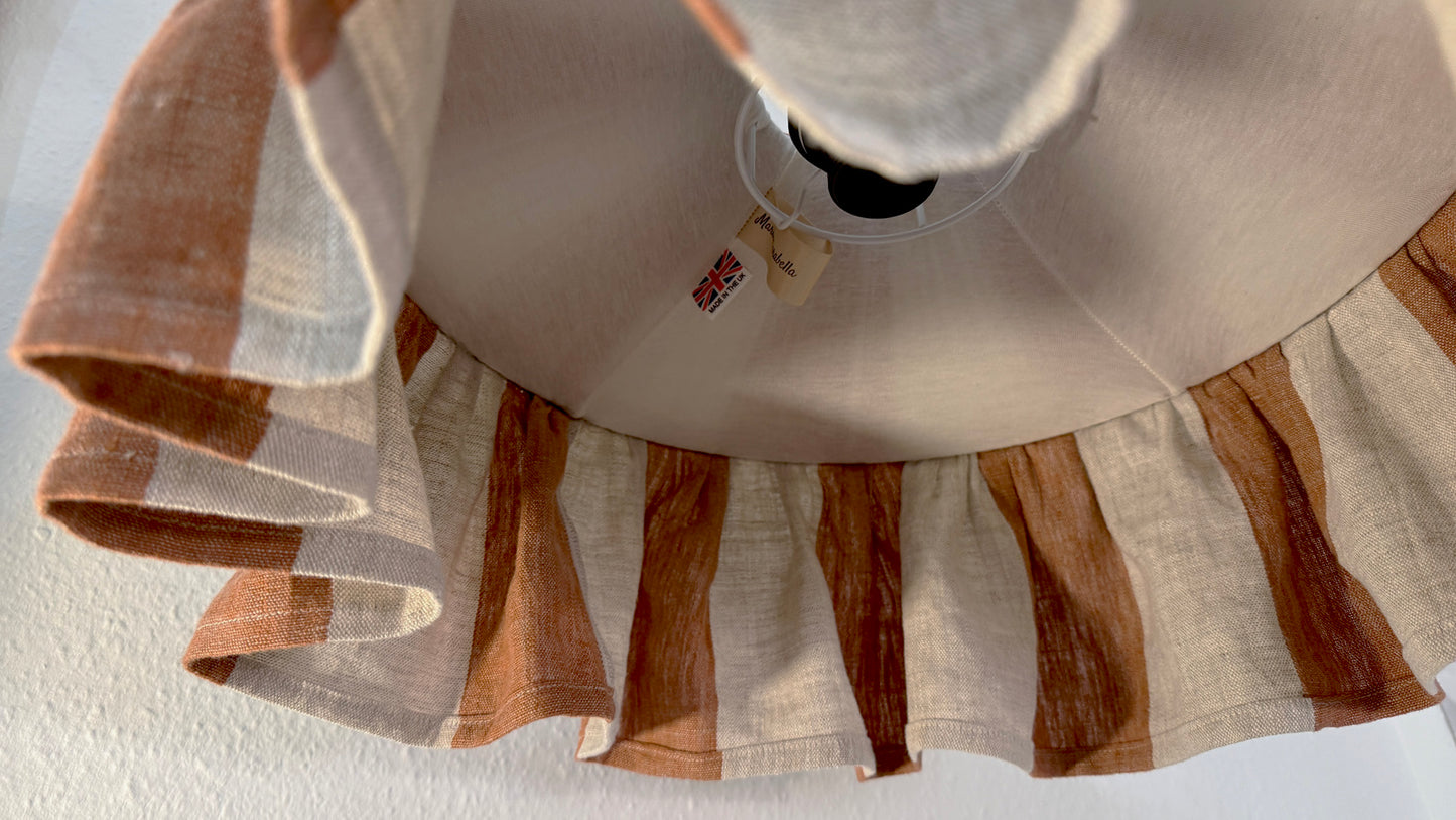 Terracotta and natural striped linen ruffled lampshade handmade by Maria Marabella Shades – rustic farmhouse style