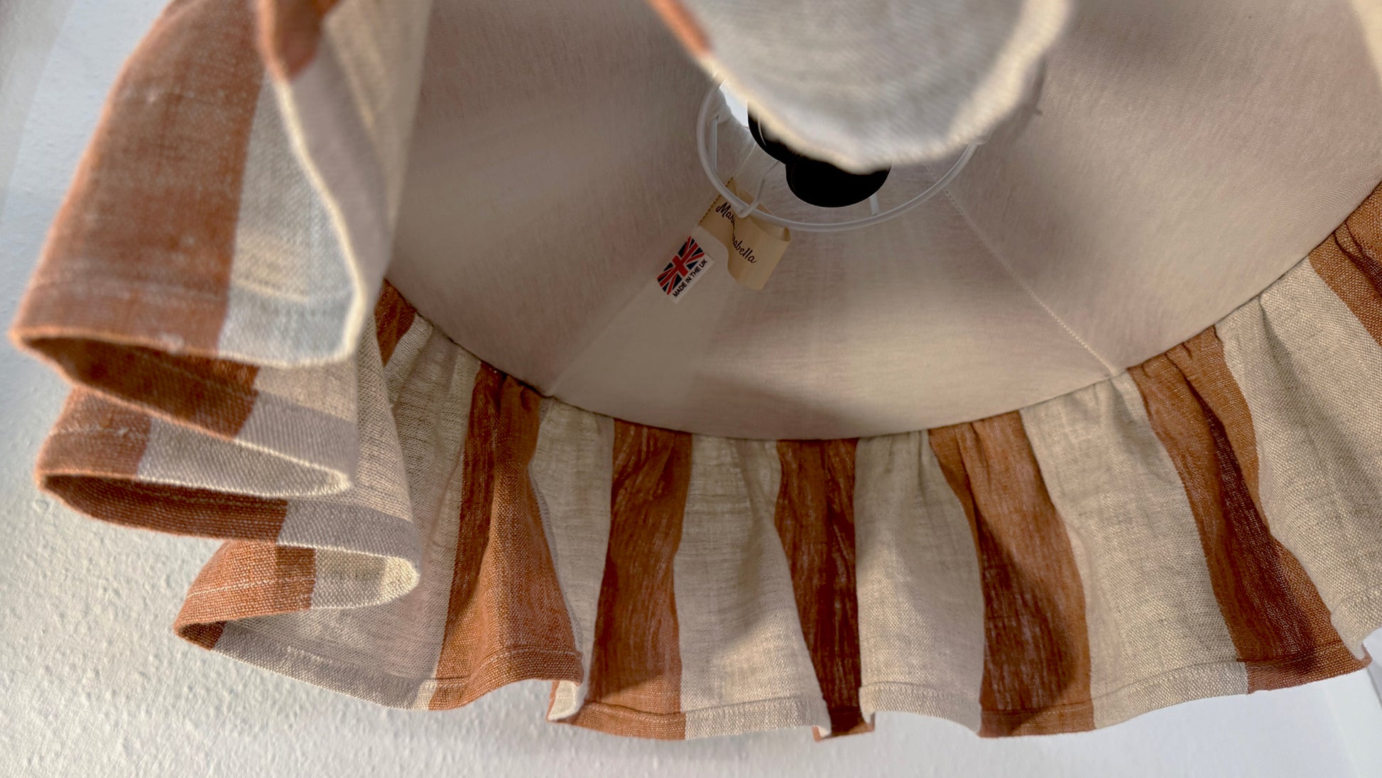 Terracotta and natural striped linen ruffled lampshade handmade by Maria Marabella Shades – rustic farmhouse style