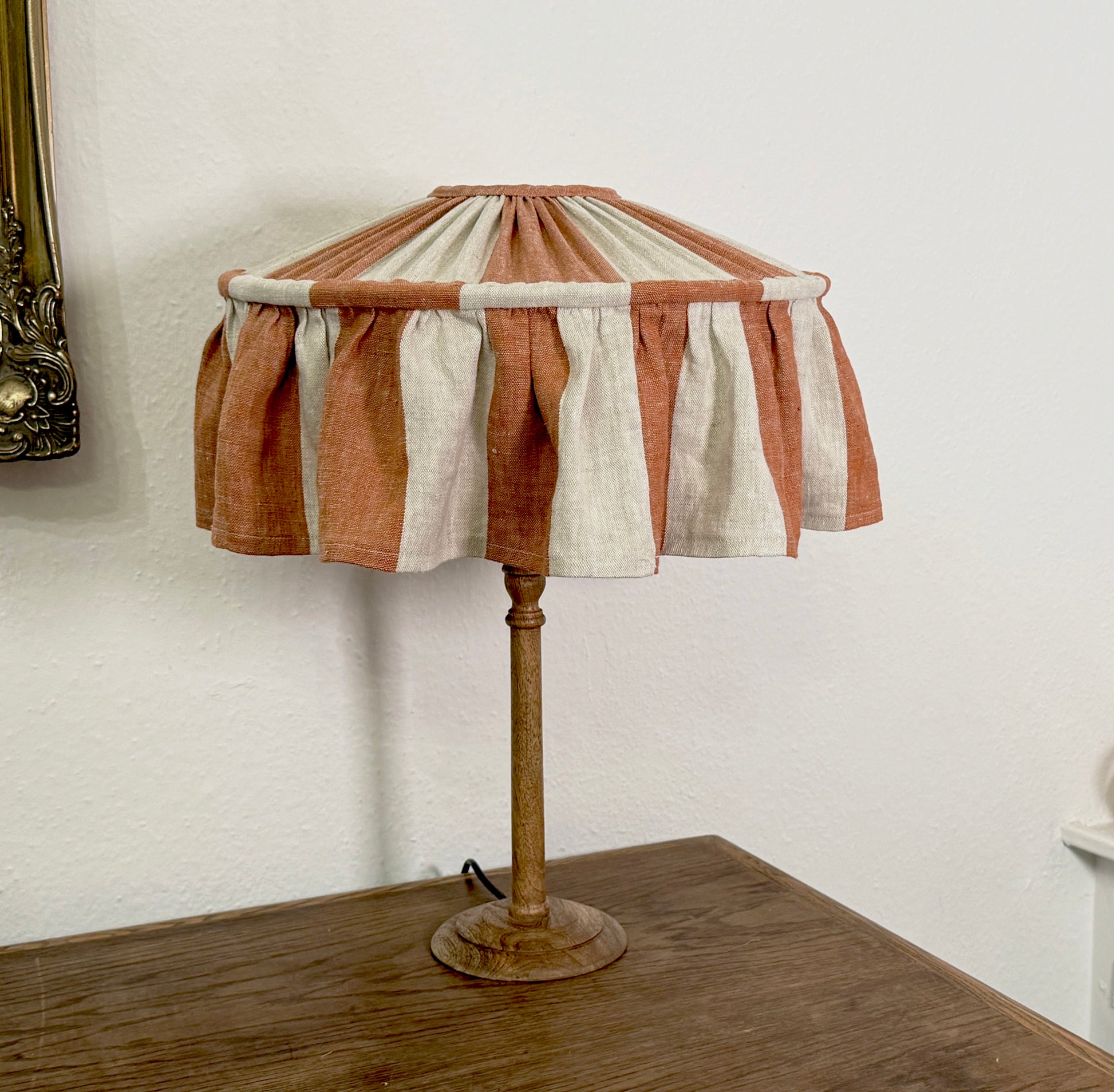 Terracotta and natural striped linen ruffled lampshade handmade by Maria Marabella Shades – rustic farmhouse style