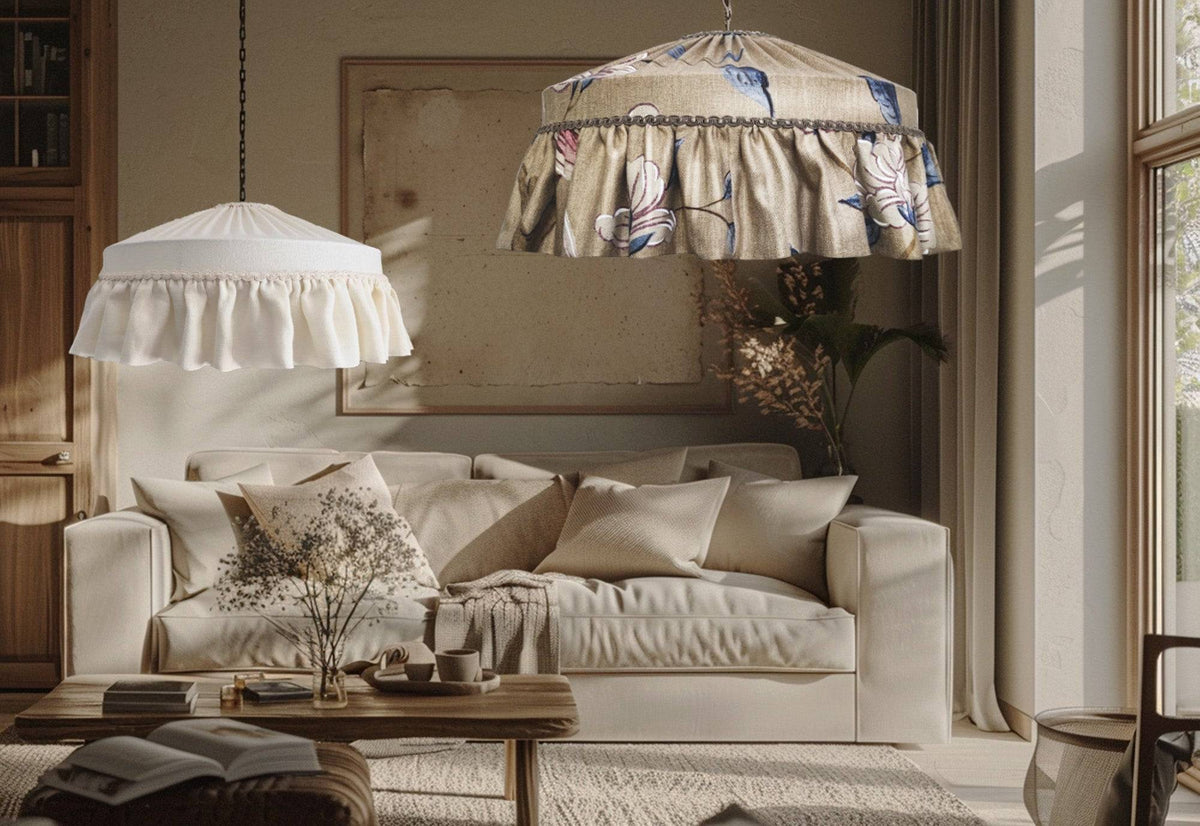 Zoffany raw silk lampshade with ruffles in floral print hangs in a cozy ...