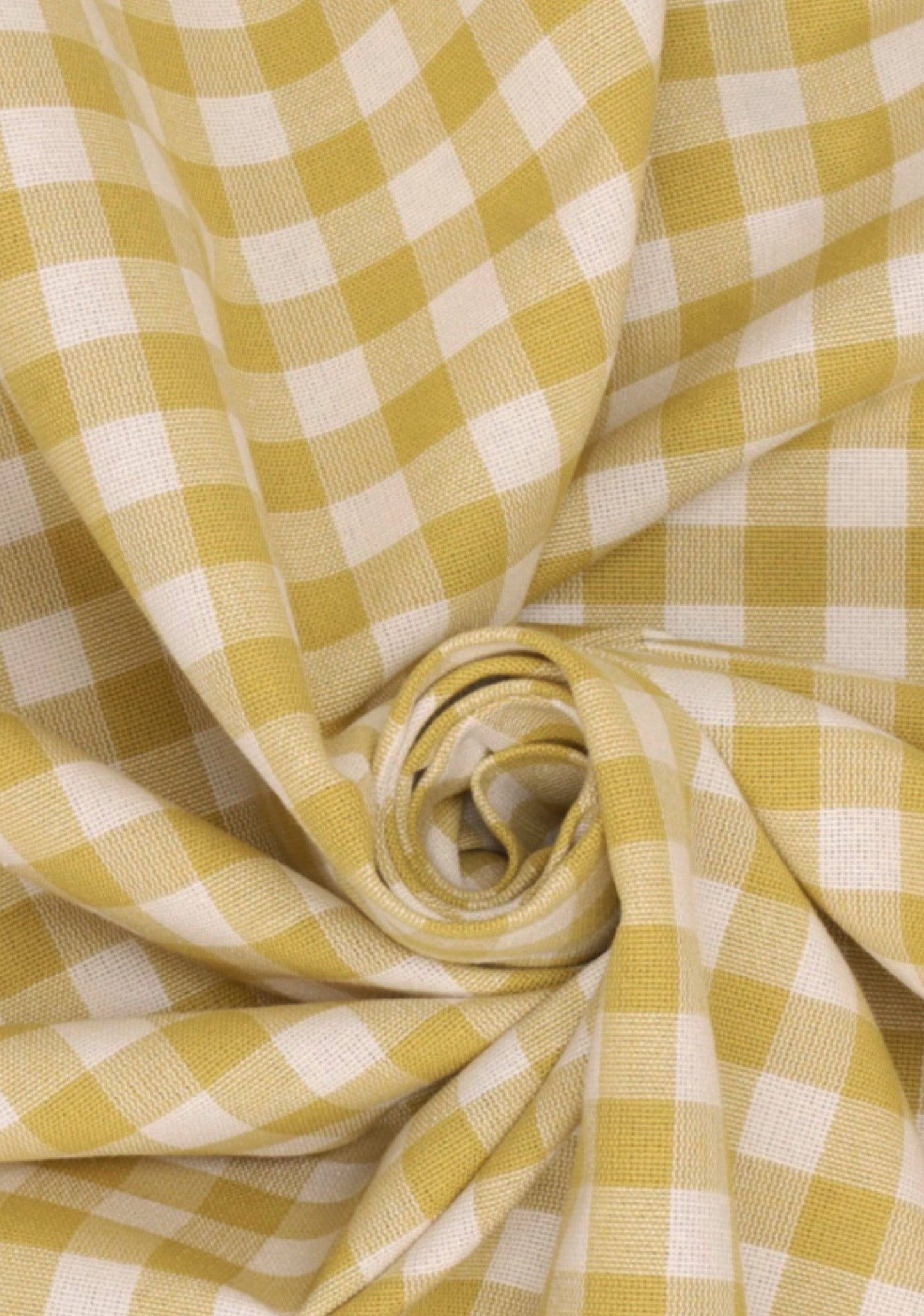 Close-up of yellow rustic gingham fabric with soft cotton texture, ideal for handcrafted ruffle lampshades in cottage core home decor.